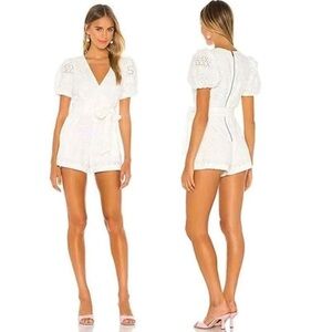 Alice + Olivia Women's White Eyelet Puff Sleeve Faux Wrap Romper